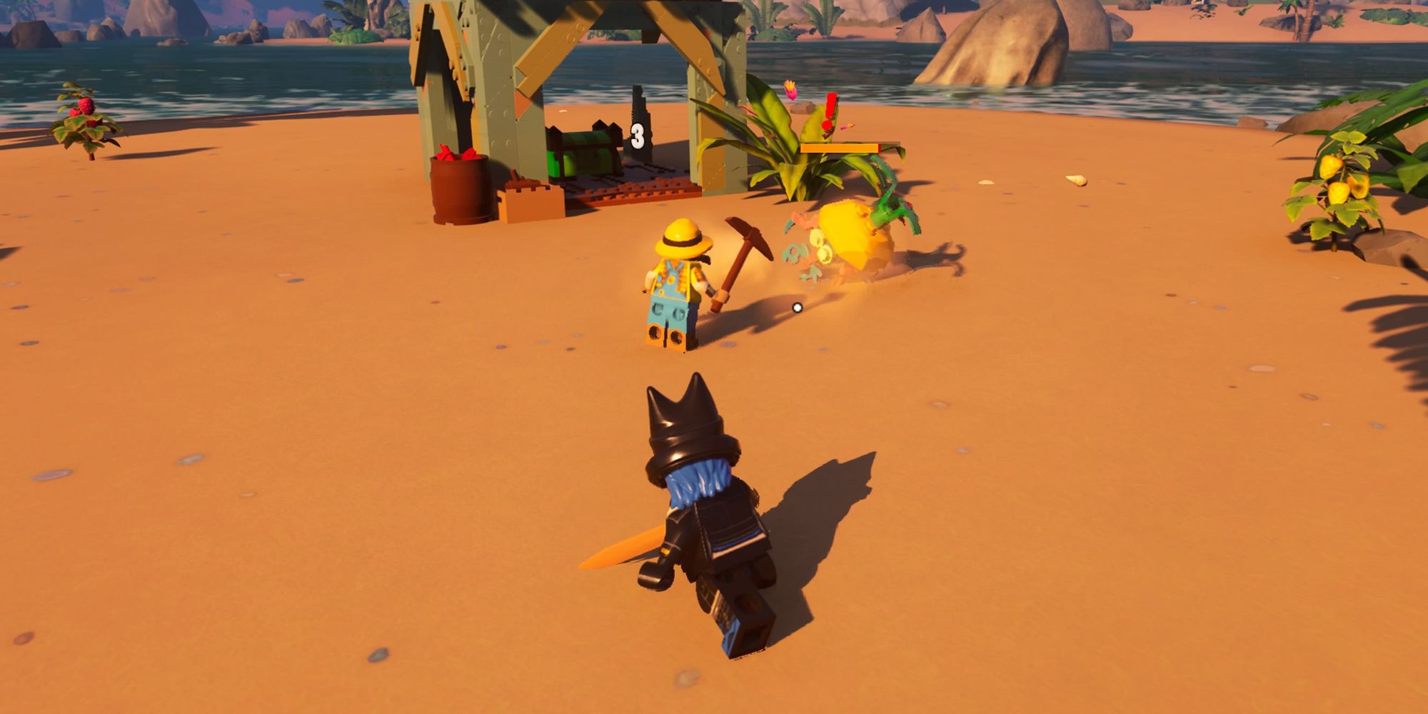 Two characters attacking a Sand Roller in Fortnite.