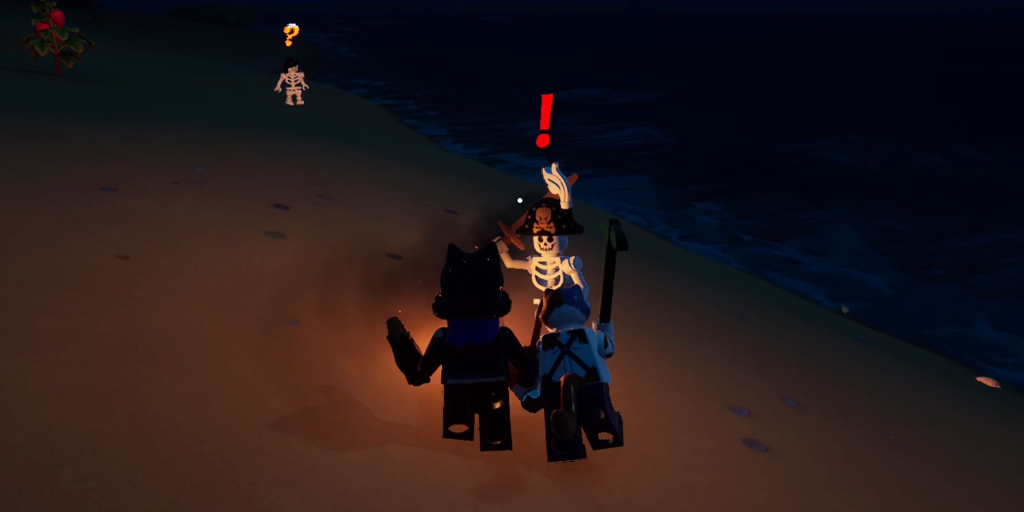 Two characters attacking a skeleton in Lego Fortnite.