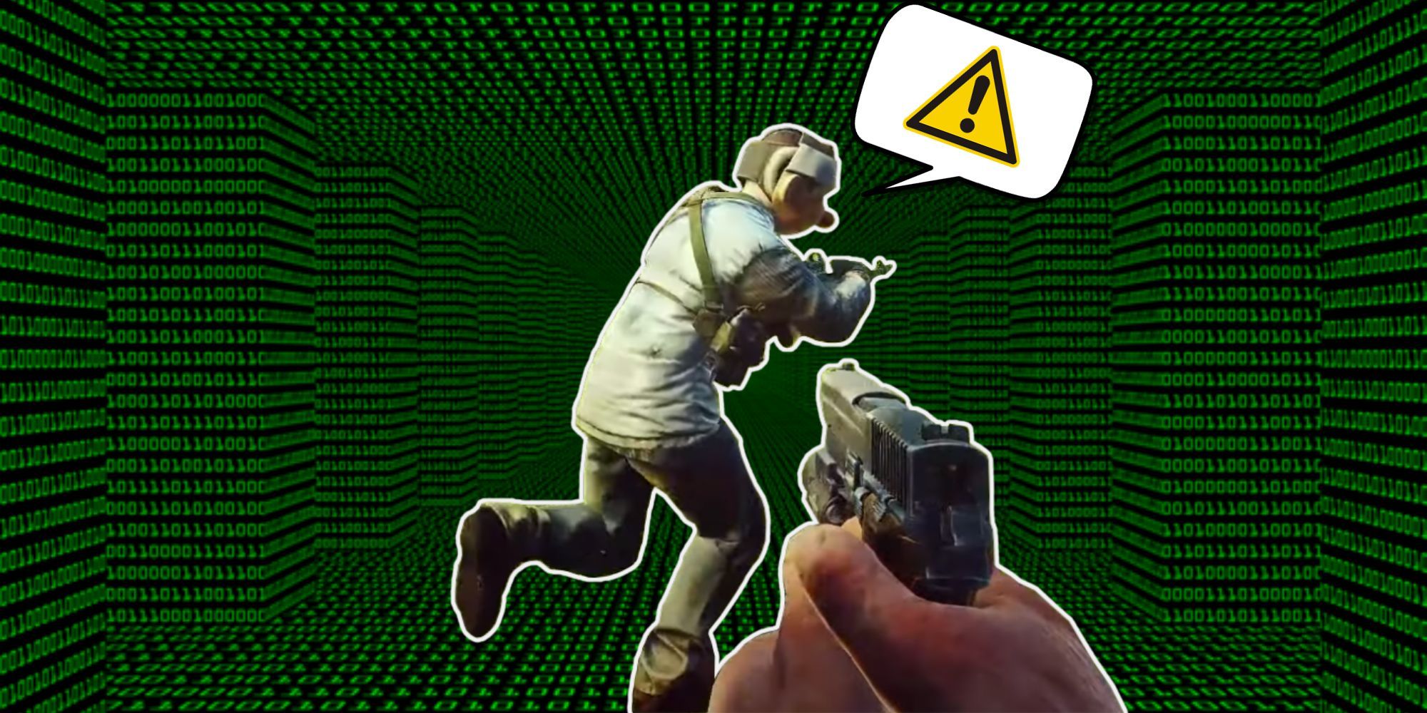 A background with a floor and multiple pillars made of green zeros and ones, and a first-person view of two hands holding a pistol pointed at a fleeing NPC.