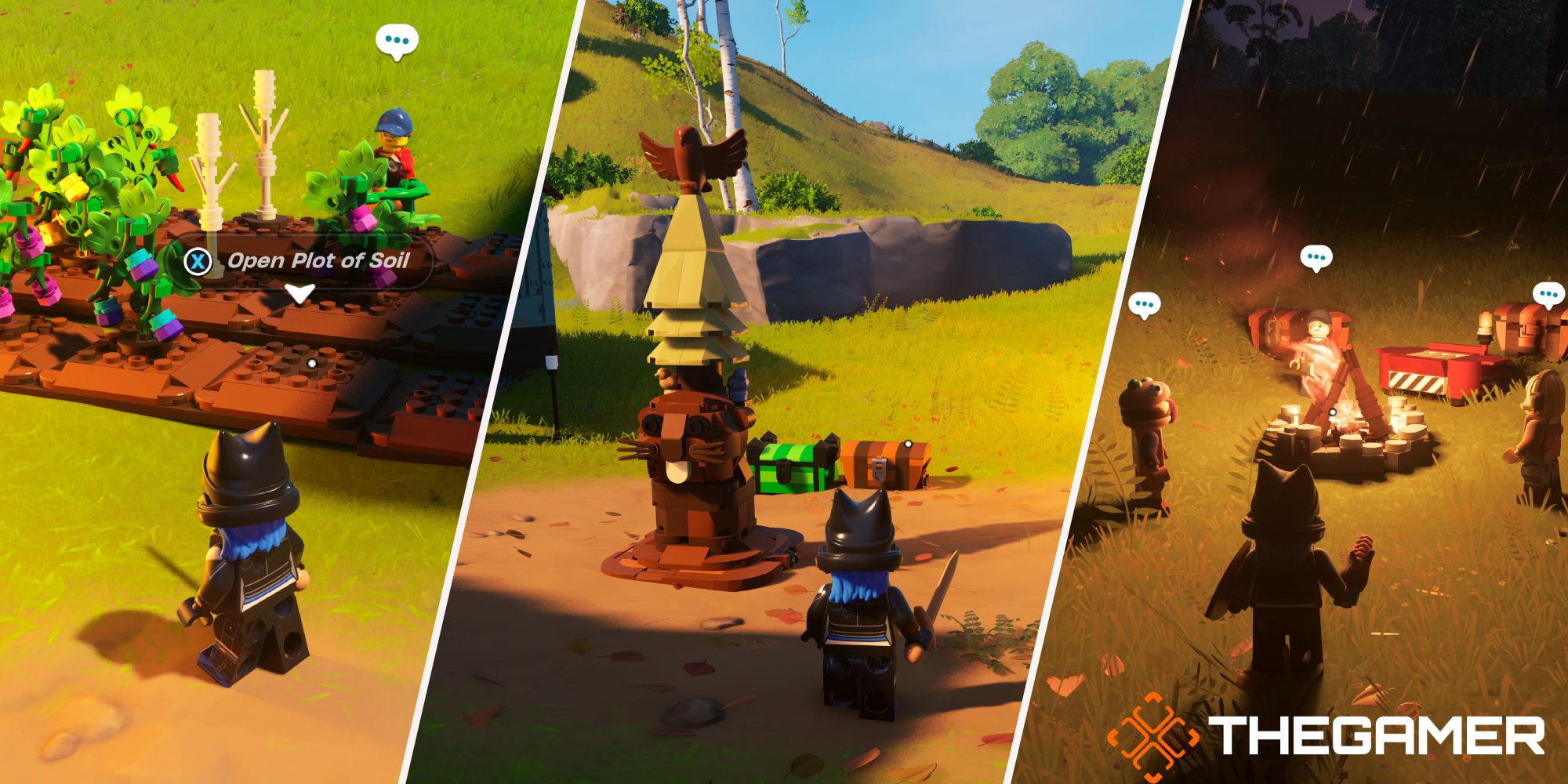 Lego Fortnite: Left: Crop plots, Middle: standing by upgrade podium, right: at campfire with villagers