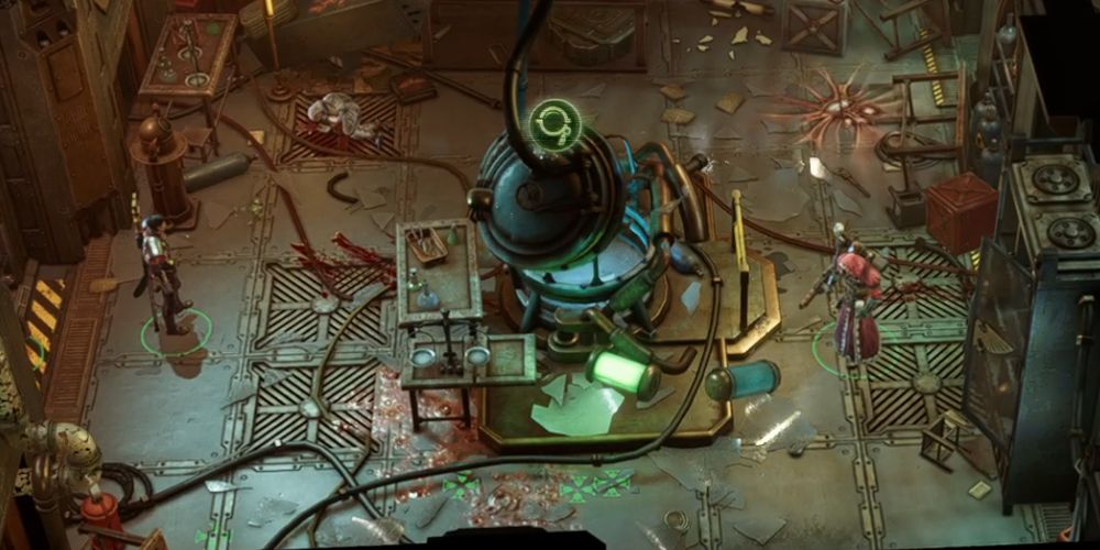 Pasqal and Heinrix examine strange lab equipment in Warhammer 40k Rogue Trader