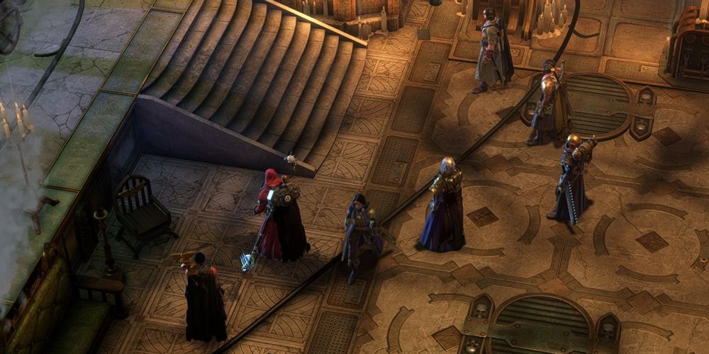 Jae leaves the Liege's Palace, walking past the Lord Captain's retinue in Warhammer 40k: Rogue Trader