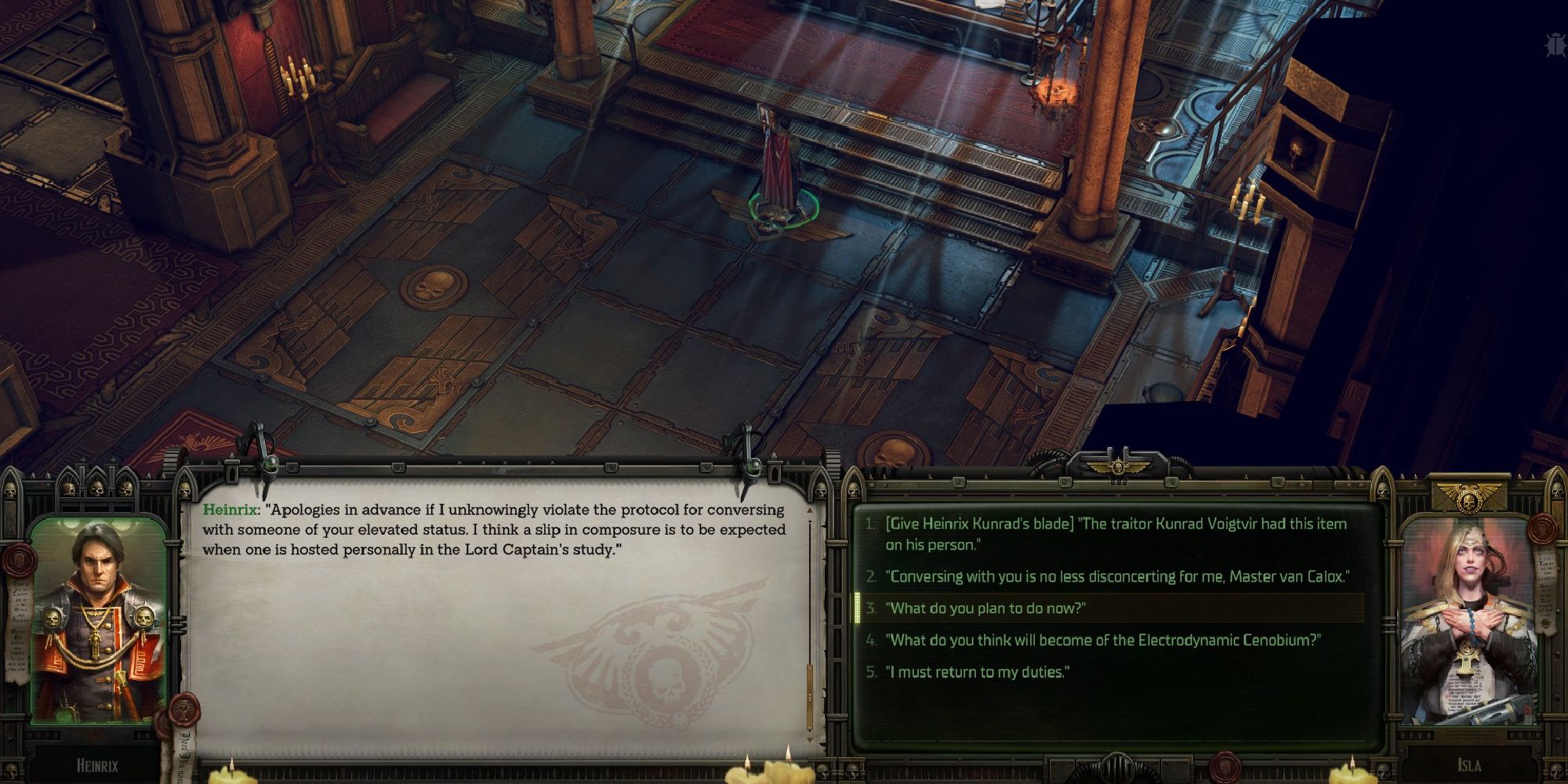warhammer rogue trader heinrix talking to player