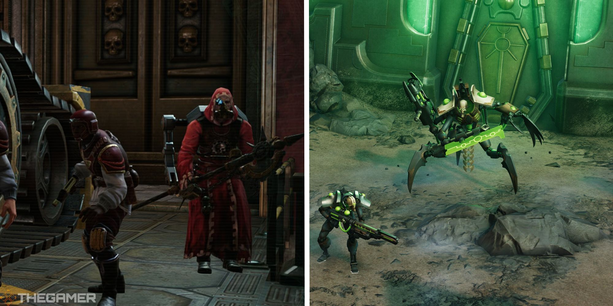 Warhammer Rogue Trader Split-Bild, das Pascal mit Soldaten neben dem Bild eines Mech-Feindes zeigt