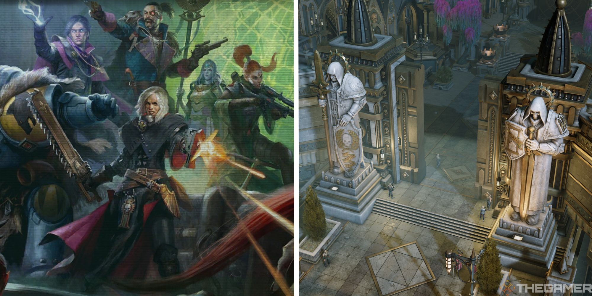 warhammer split image showing official party art next to image of path with two statues on either side from above