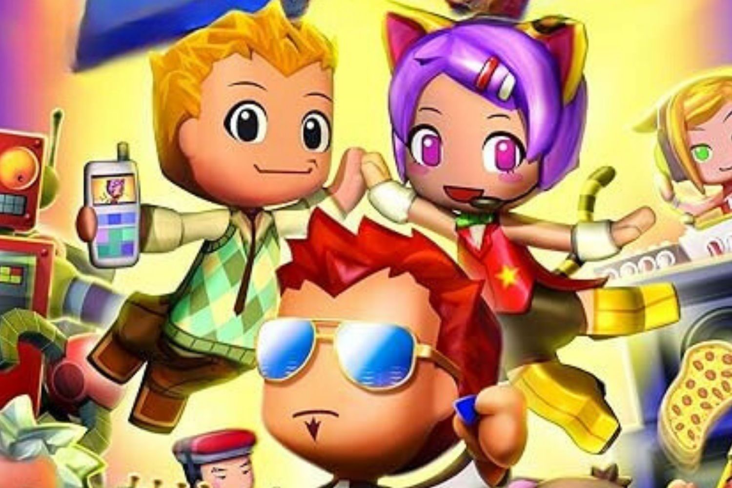 Many MySims characters are shown celebrating, including Yuki, Buddy, DJ Candy, and Chaz.