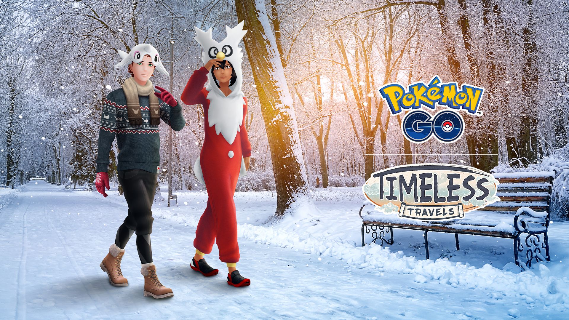 Zwei Pokemon Go-Avatare laufen in festlichen Outfits durch den Schnee