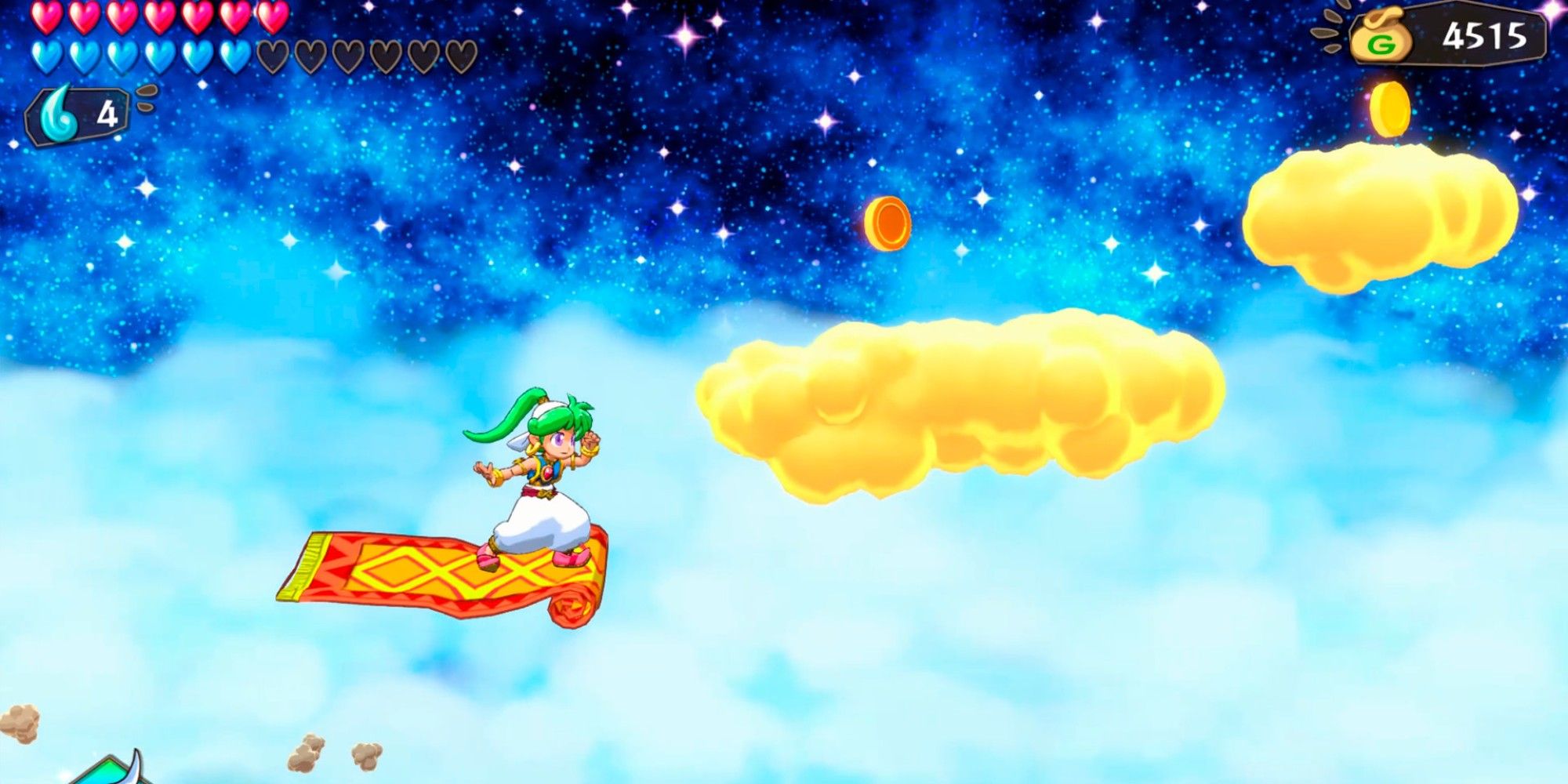Asha reitet auf einem Zauberteppich neben einigen Wolken. 