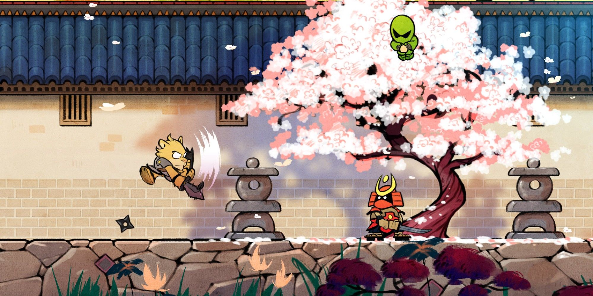 Löwenmann kämpft vor einem Kirschbaum gegen einen Samurai und einen Ninja.