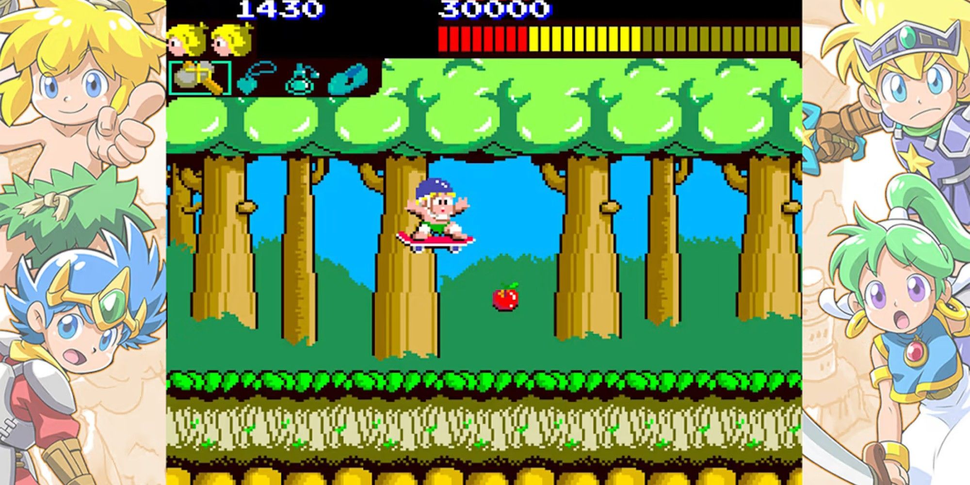 Wonder Boy läuft im Wald über einen Apfel. 