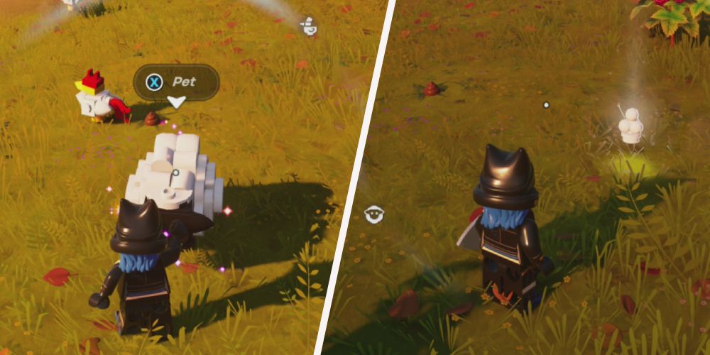 Lego Fortnite Odyssey: Left: Petting a sheep, right: receiving wool from the sheep.