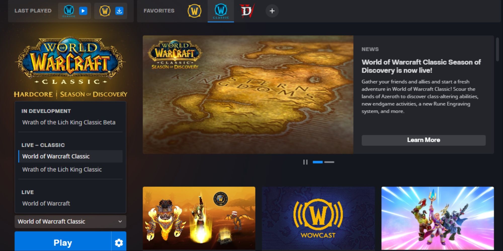 The World of Warcraft Classic launcher screen, including advertisements and promo art for Blizzard games and merch.