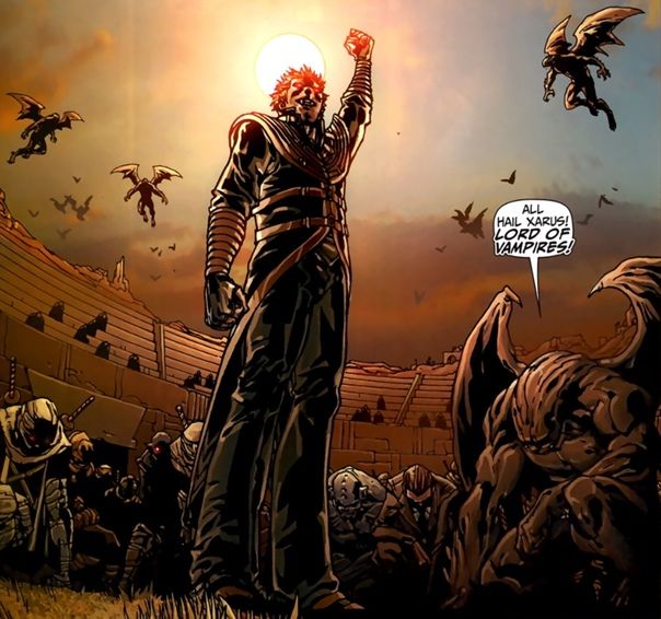 Xarus the Lord of Vampires, Draculas son, in a Marvel comic raising his fist as a colosseum of followers bow down to him