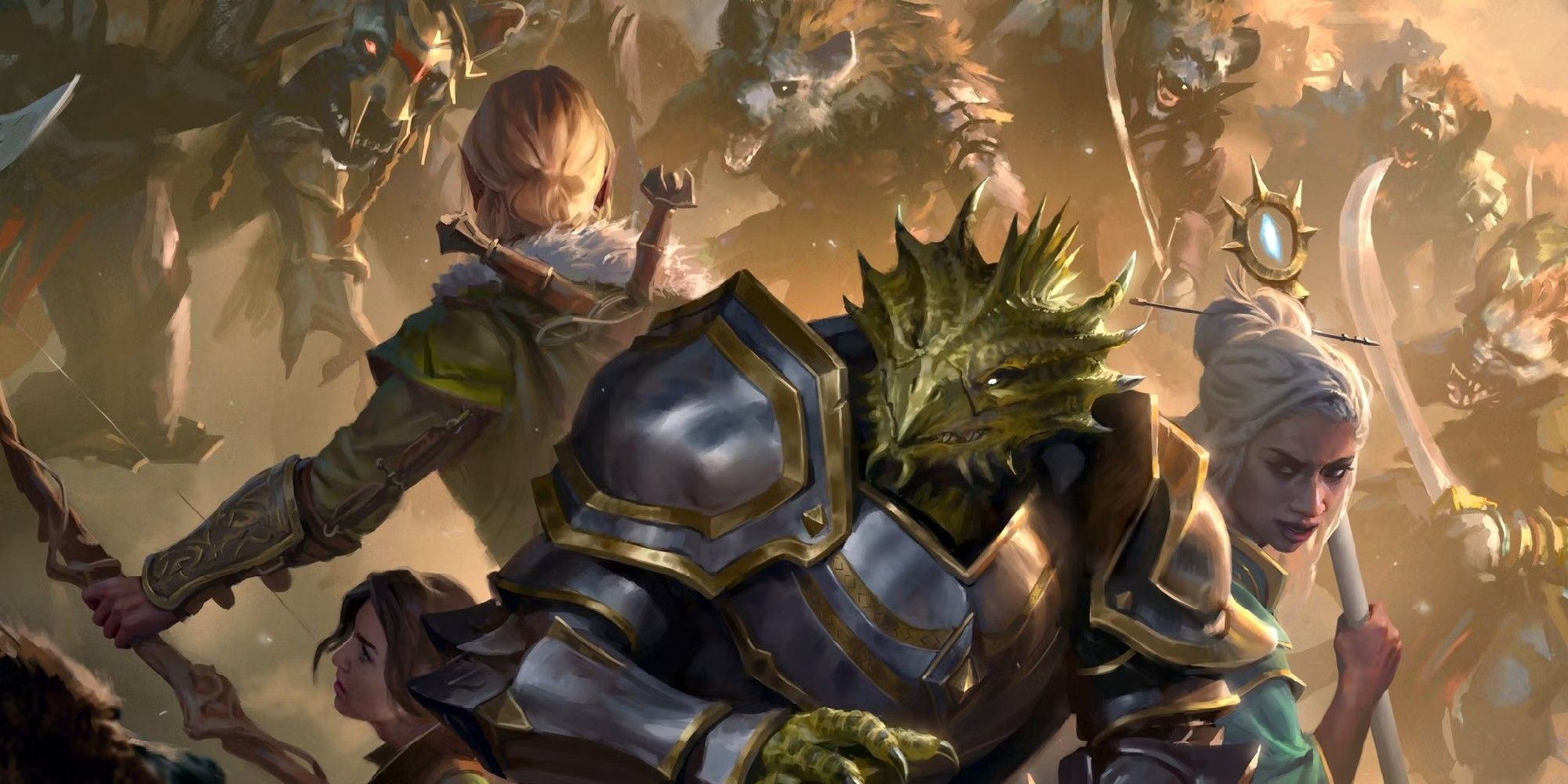 Dungeons & Dragons image showing a party of three players being surrounded by Gnolls