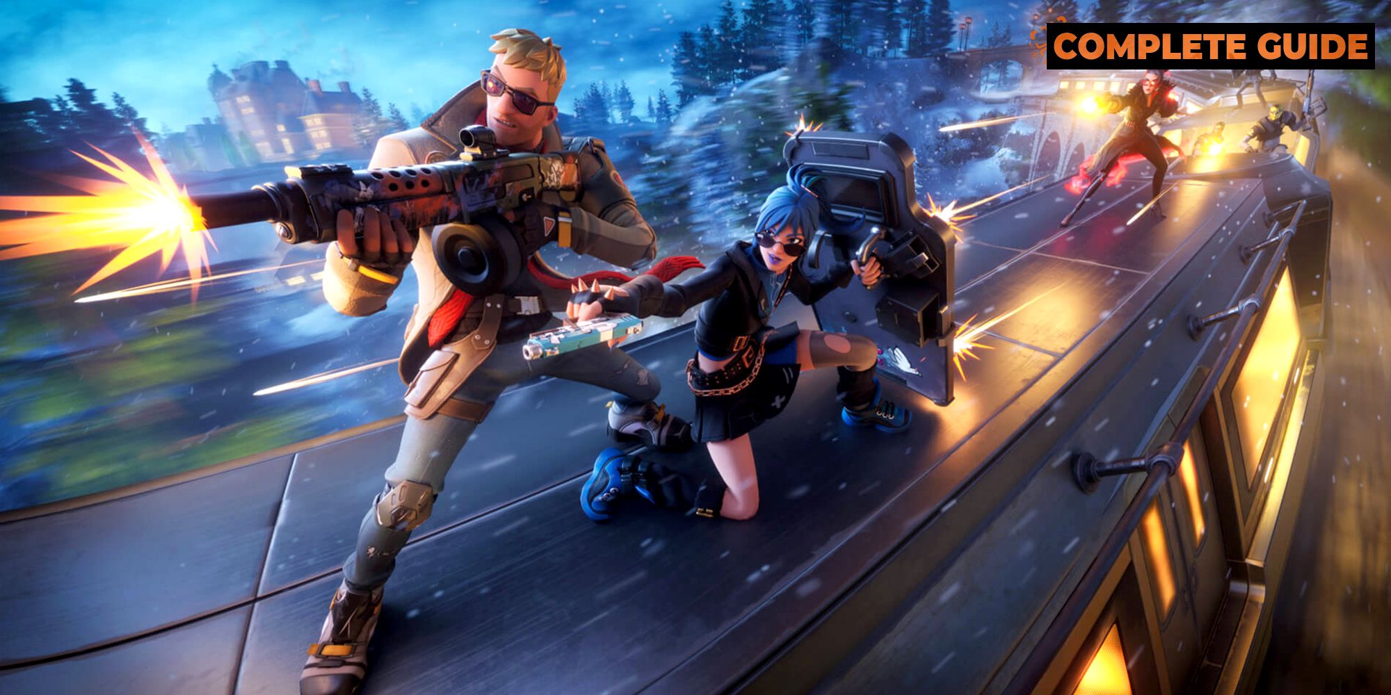 Fortnite Chapter 5, Season 1 key artwork that shows Jonesy and other characters firing weapons while aboard the train.