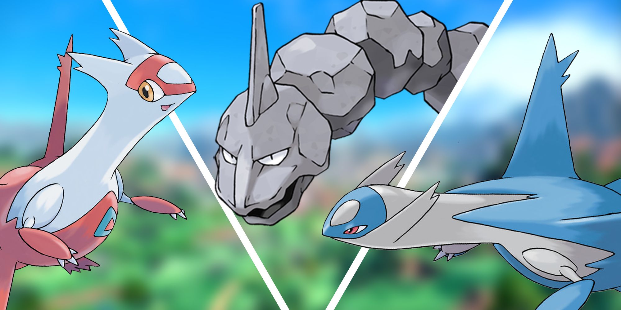 From left to right, Latias, Onix, and Latios displayed over a blurred background.