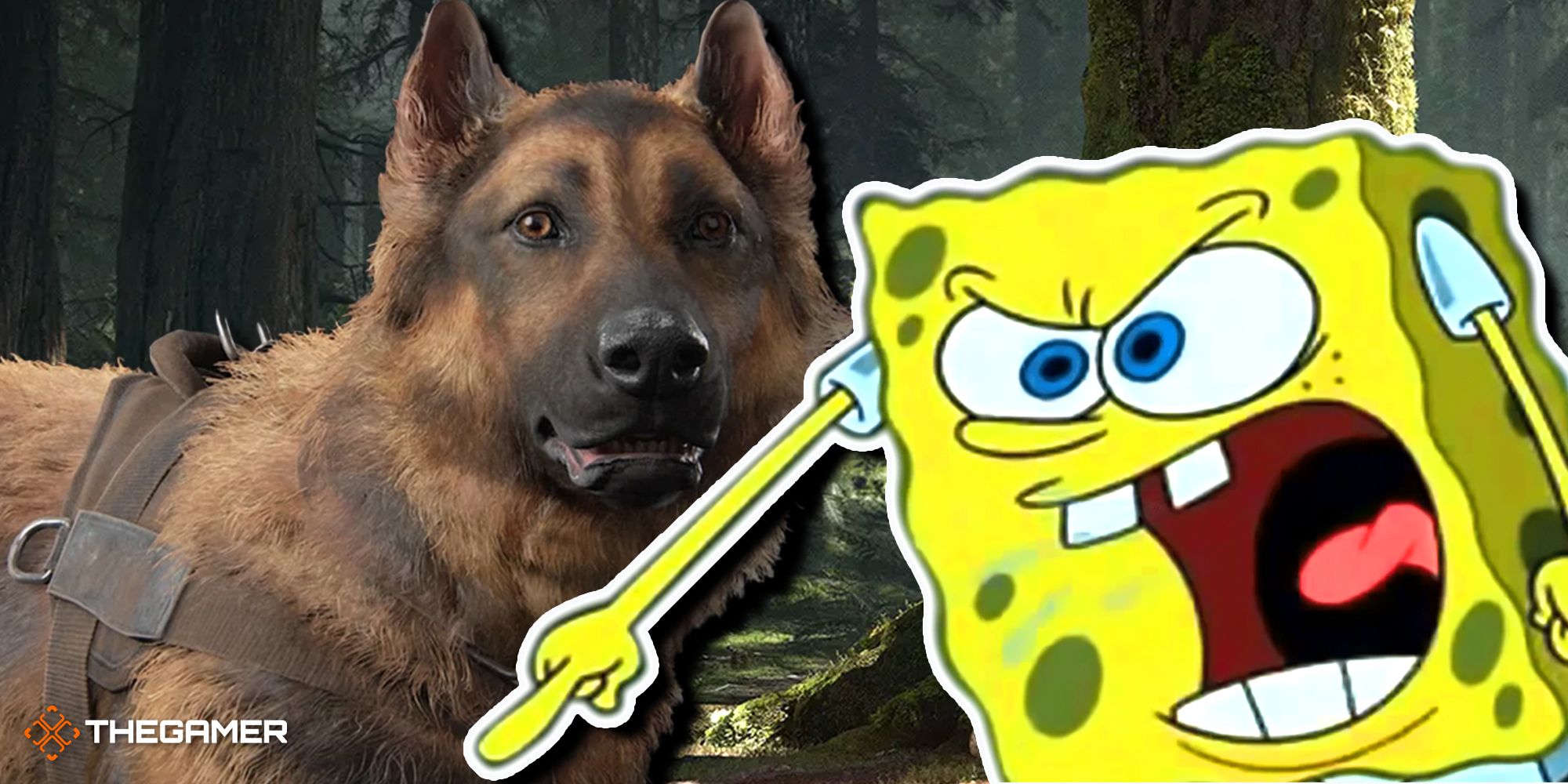 Angry Spongebob pointing at the dogs in The Last of Us