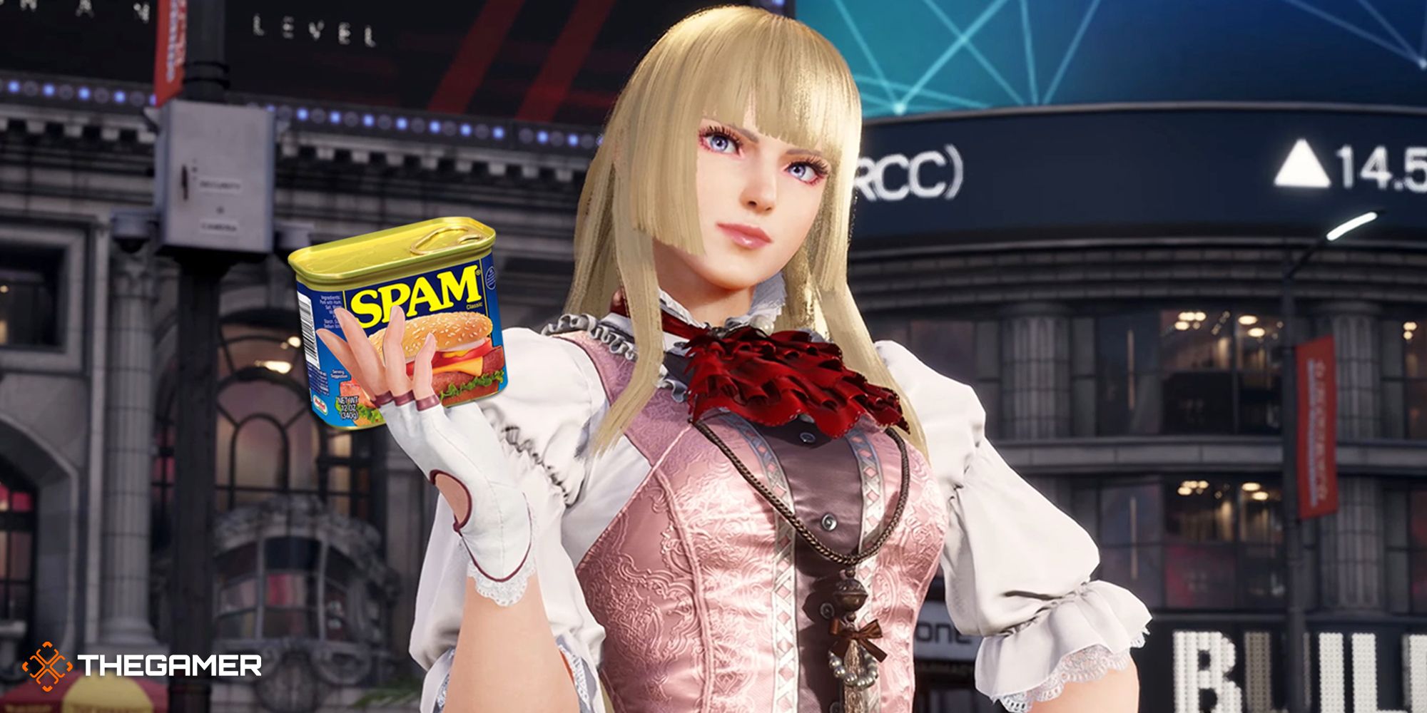 Lili from Tekken holding up a can of spam