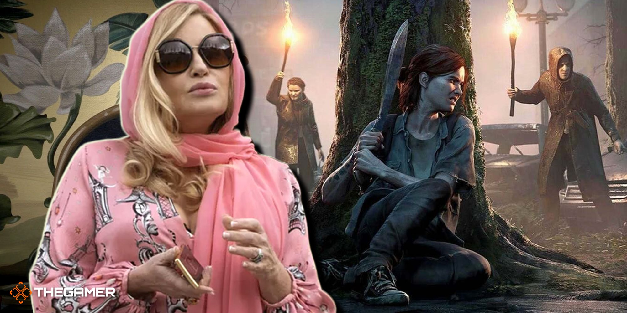 Jennifer Coolidge over a painting of a white lotus on the left, Ellie from The Last of Us 2 wielding a giant knife and hiding behind a tree from Seraphims holding torches on the right