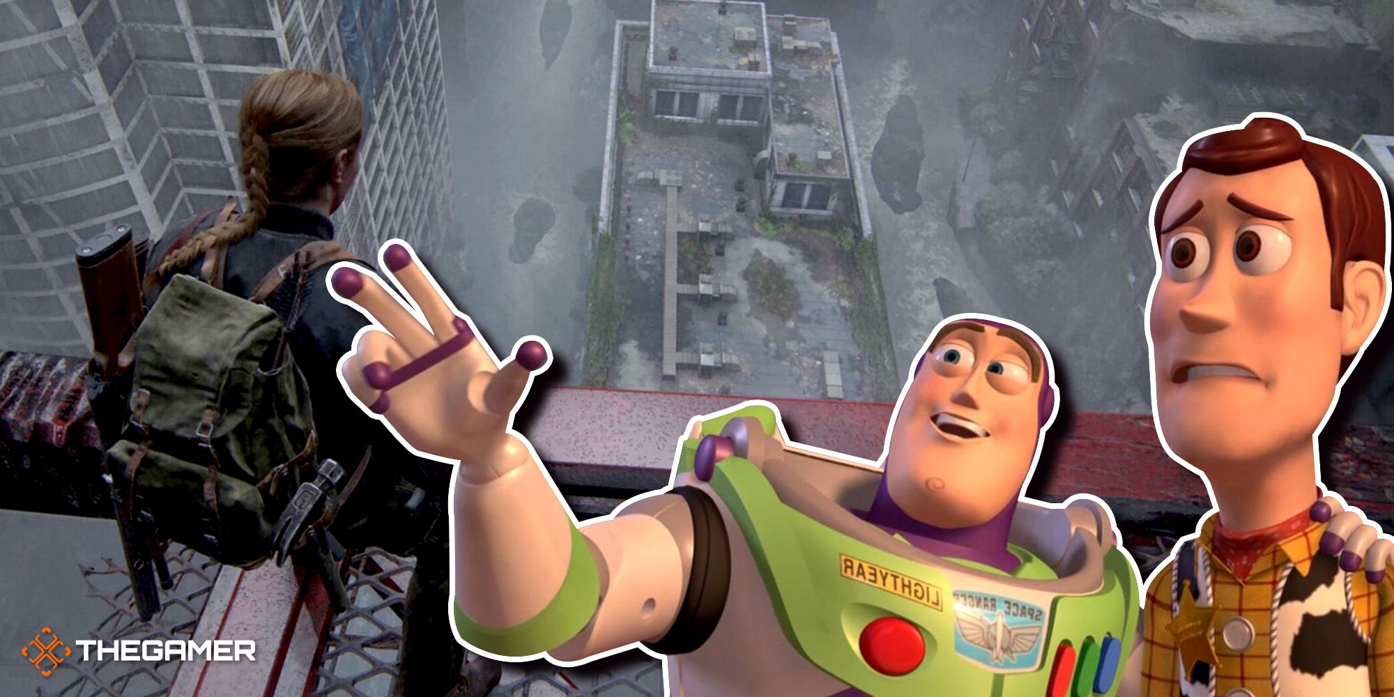 Abby looking down on Seattle from the girder, with Toy Story's Buzz pointing ahead and Woody looking scared