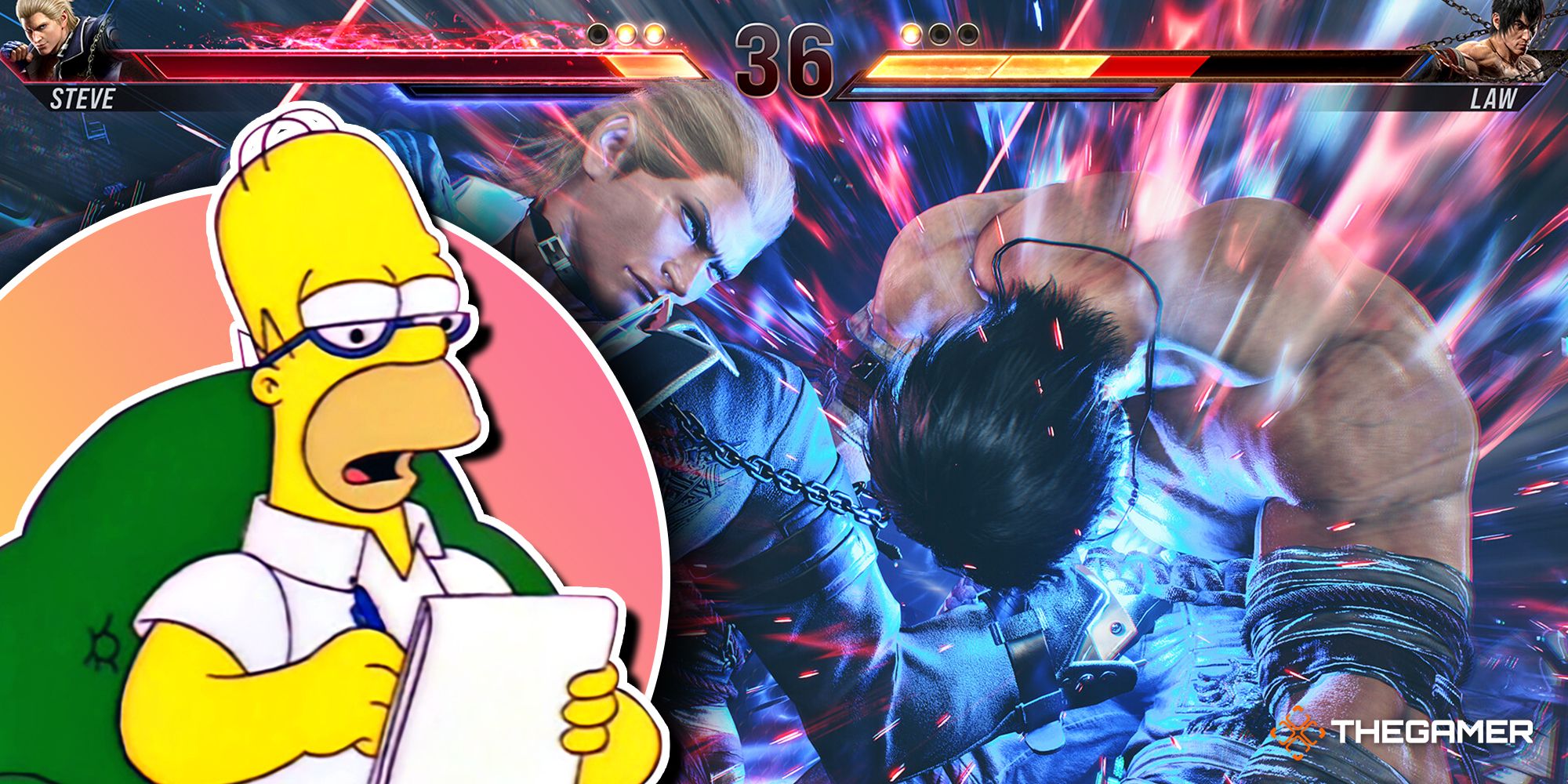 Homer from the Simpsons taking notes while Steve punches Law in Tekken 8.