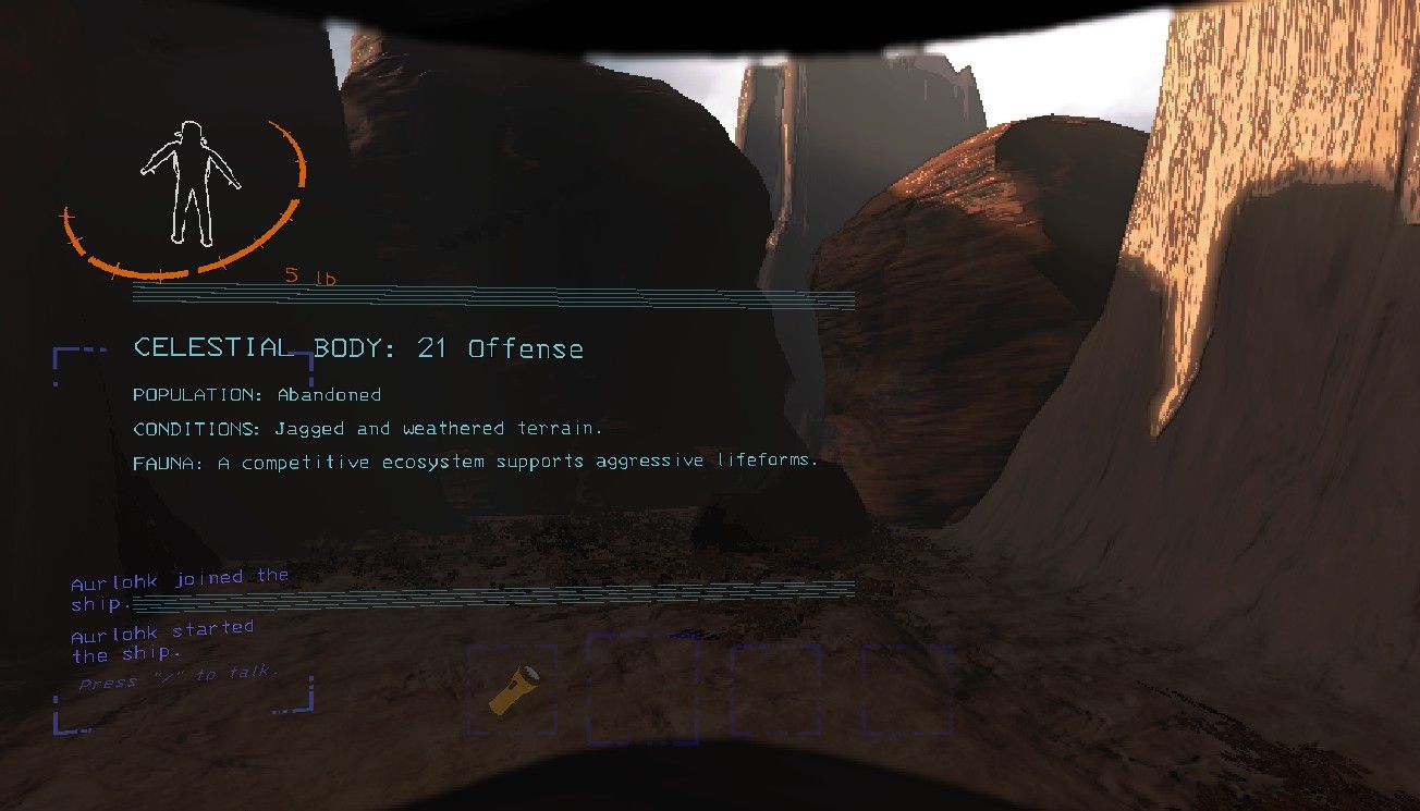 Player character receiving a summary of facts about Offense on their UI as they arrive on the moon in Lethal Company.