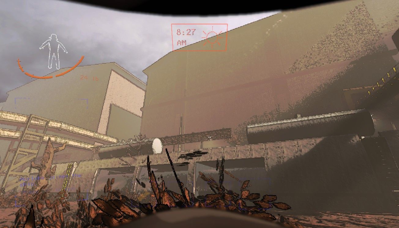 Player character looking up at the large industrial main complex on Experimentation in the morning in Lethal Company.