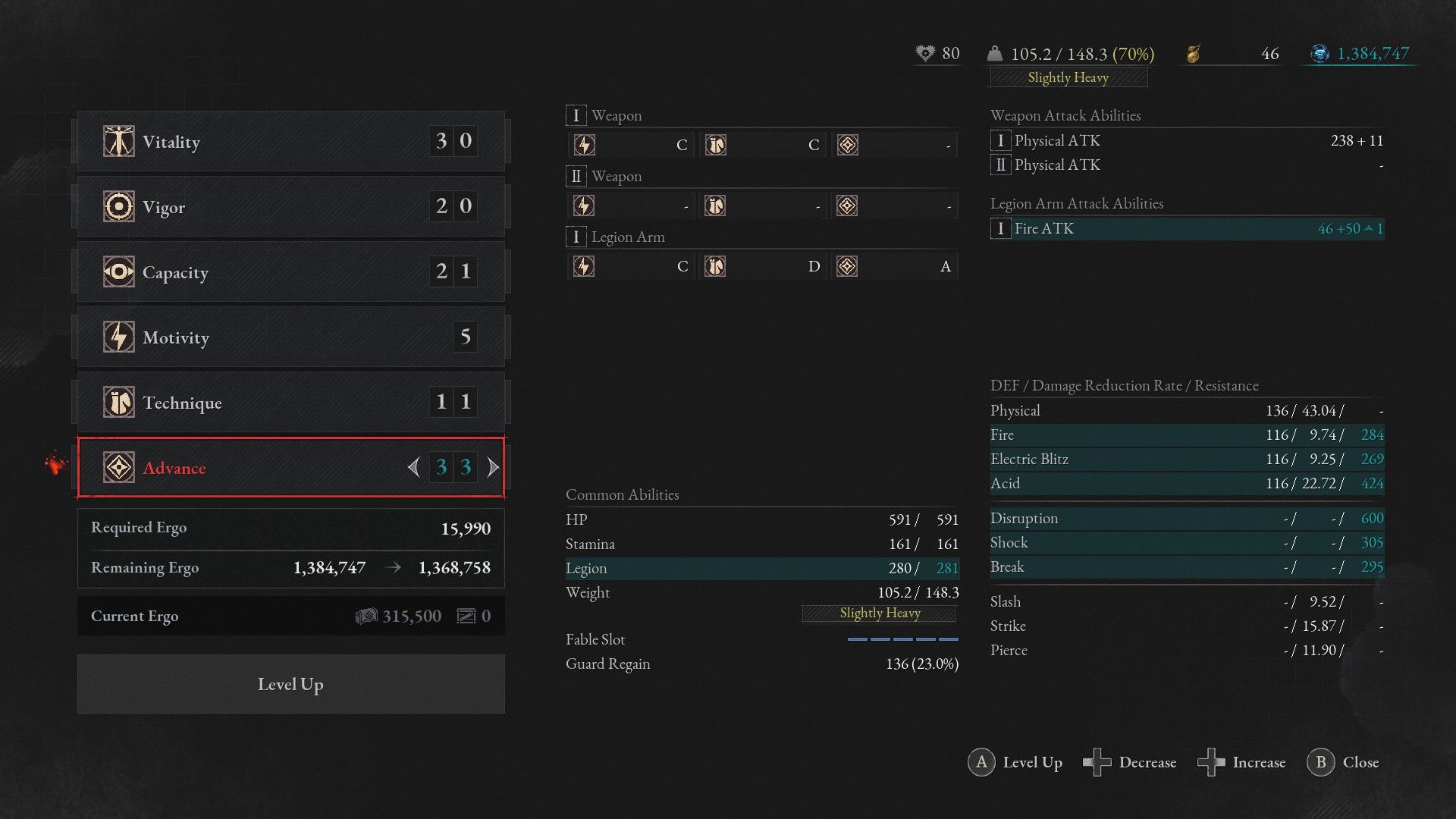 P selects to increase Advance Stat during Level Up in Lies of P