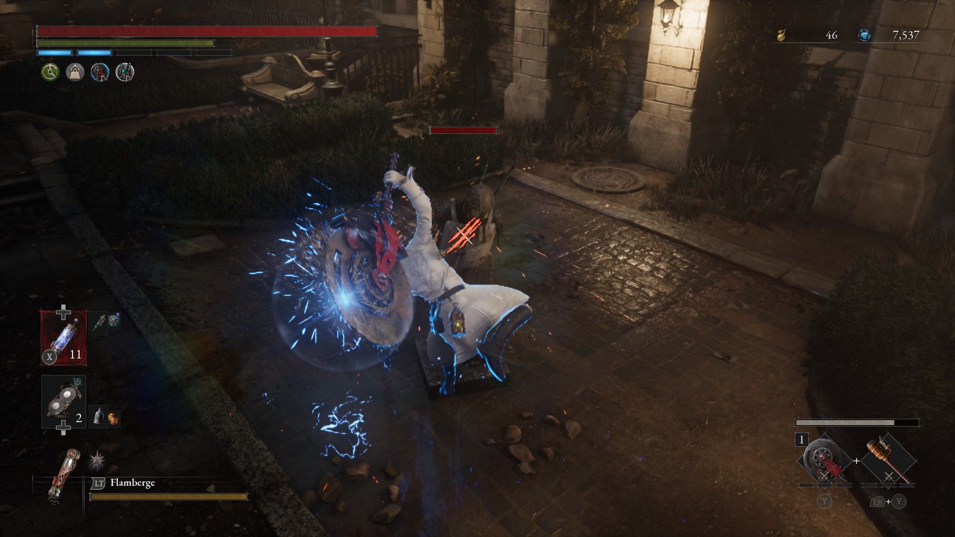 P uses Fable attack with Circular Electric Chainsaw Blade and Electric Coil Stick Handle on dummy in Lies of P