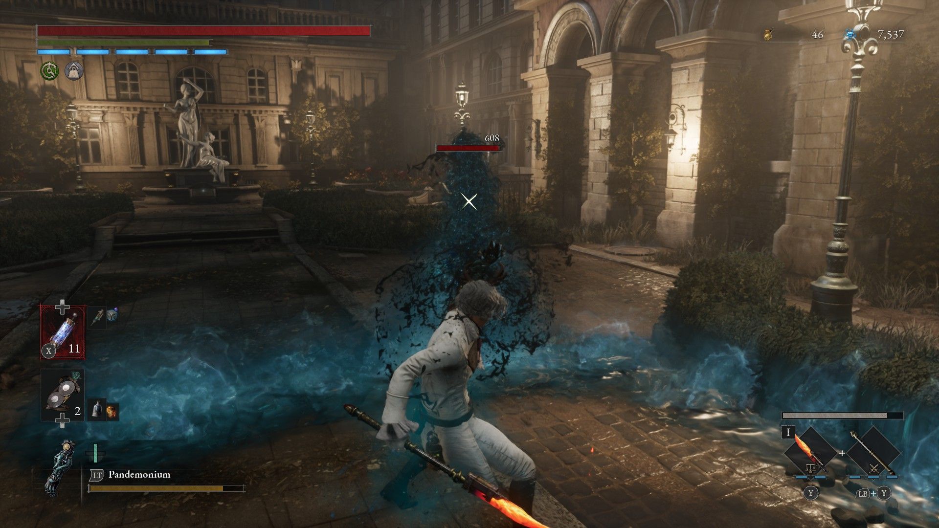 P throws Pandemonium Acid in X shape on dummy in Krat Training area in Lies of P