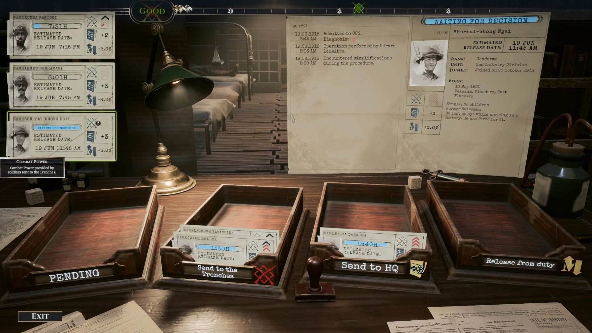 Major Wells decides the fate of several recovered patients at the Rehabilitation Center in War Hospital