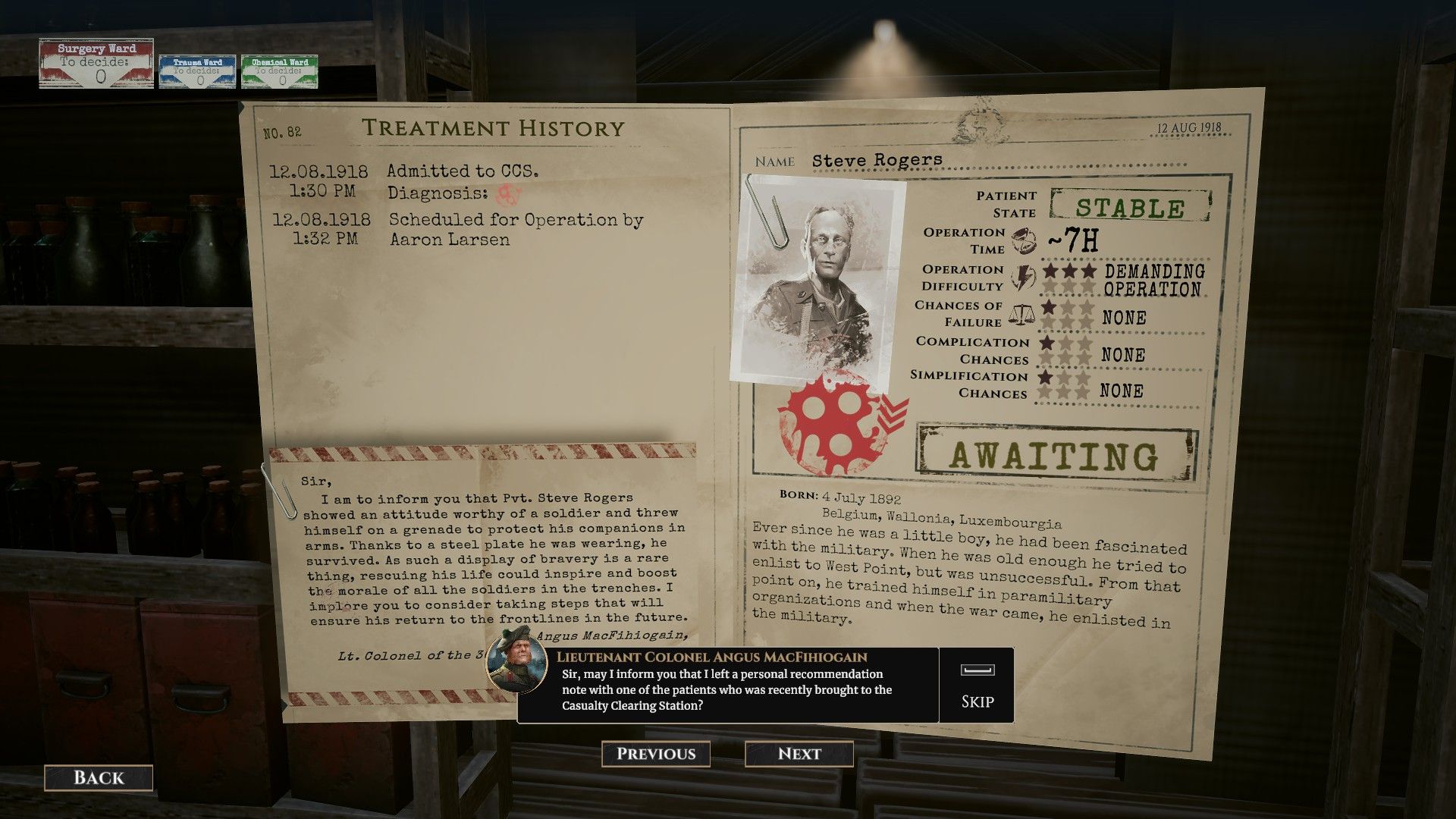 a VIP patient named Steve Rogers with a request from command in War Hospital