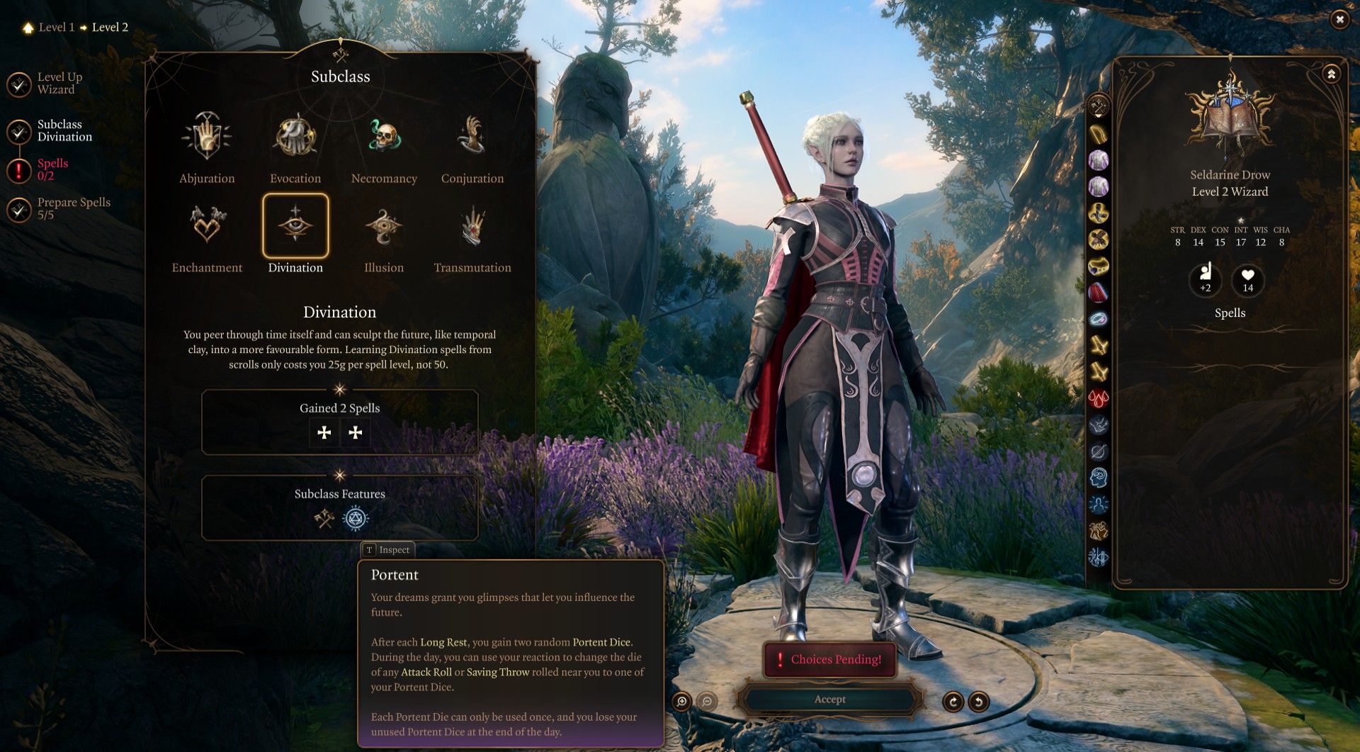 Control Wizard chooses the Divination Wizard subclass and inspects Portent in Baldur&rsquo;s Gate 3