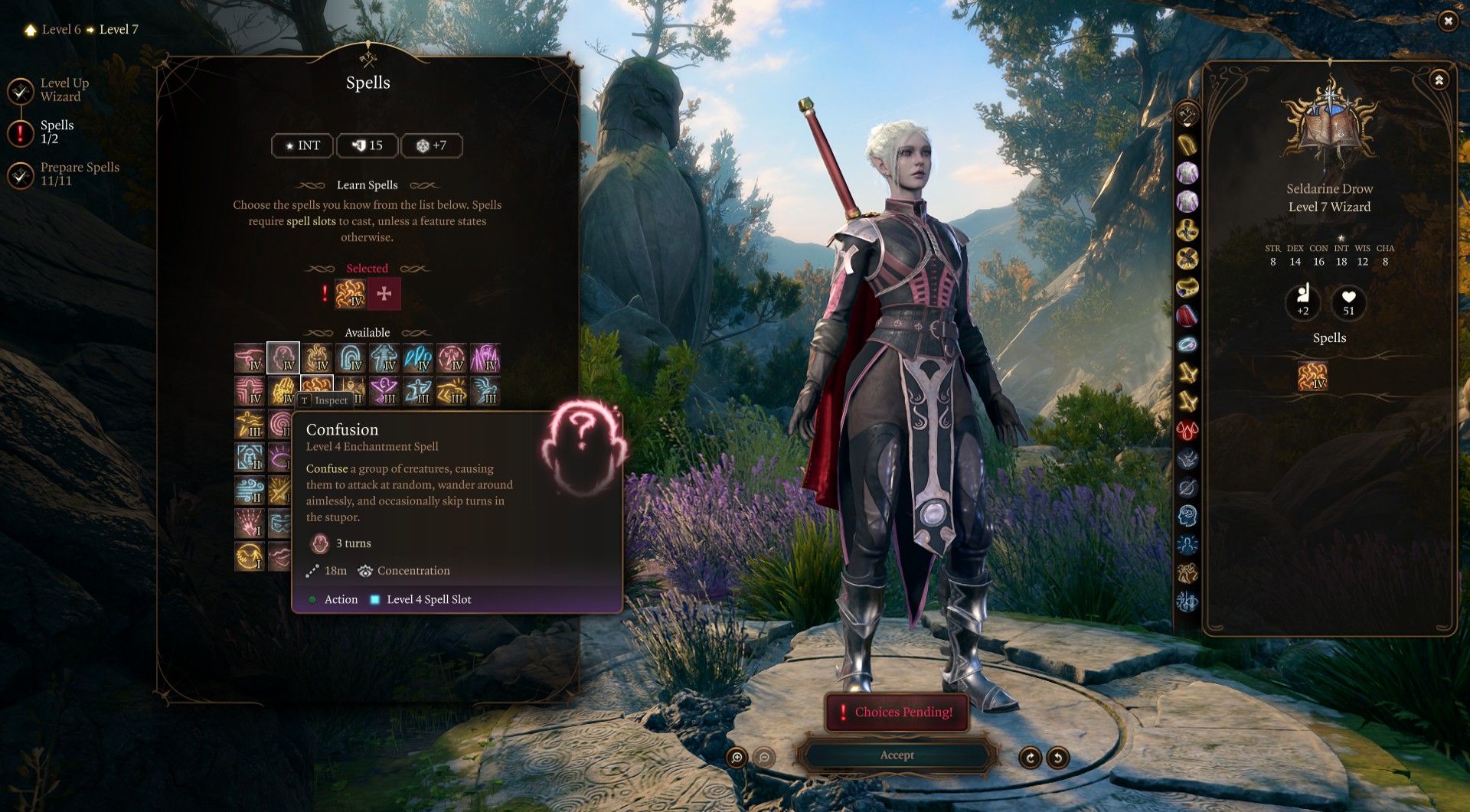 Control Wizard inspects Confusion spell for Level Four spells in Baldur&rsquo;s Gate 3.