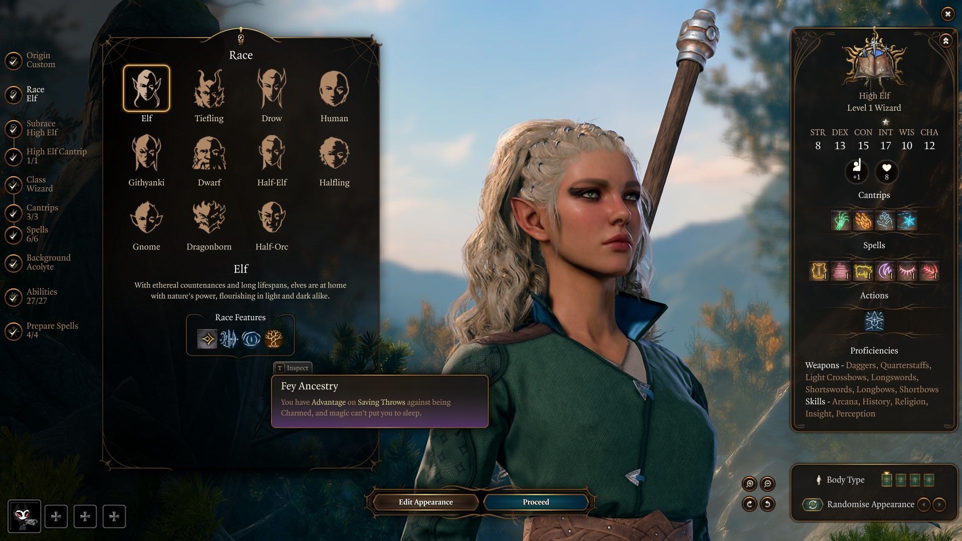 Player chooses Elf for Control Wizard class and highlights Fey Ancestry in Baldur&rsquo;s Gate 3