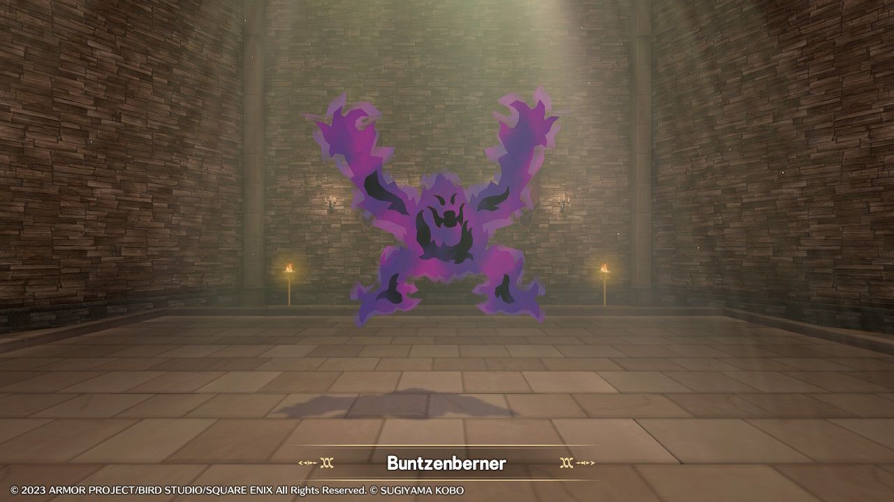 Ein großes humanoides Monster mit lila Flammen namens Buntzenburner springt auf der Stelle, nachdem es in Dragon Quest Monsters: The Dark Prince synthetisiert wurde.