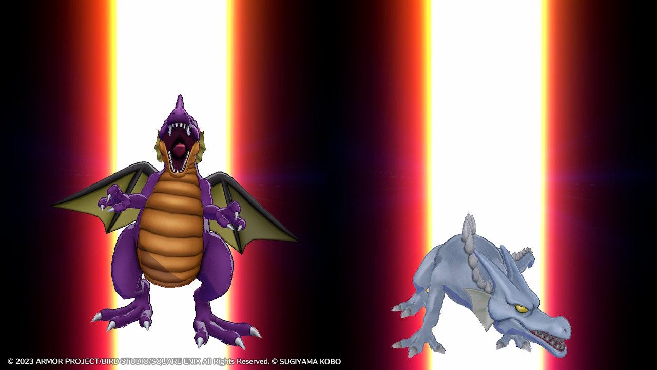 Ein wahrer Drachenlord und die Monster der Schlange der Schuppen mitten in der Syntheseanimation in Dragon Quest Monsters: The Dark Prince.