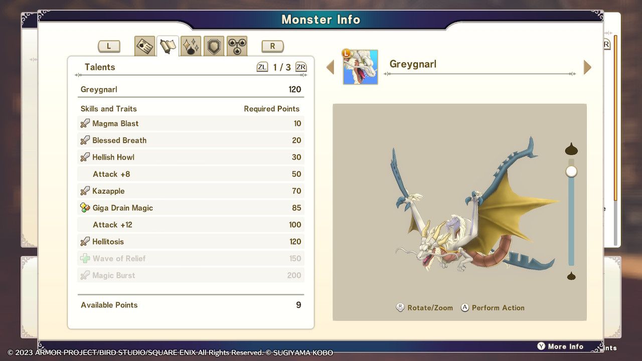 Weißes Menü mit schwarzem Text, das eine größtenteils abgeschlossene Talentseite für einen Greygnarl in Dragon Quest Monsters: The Dark Prince zeigt.