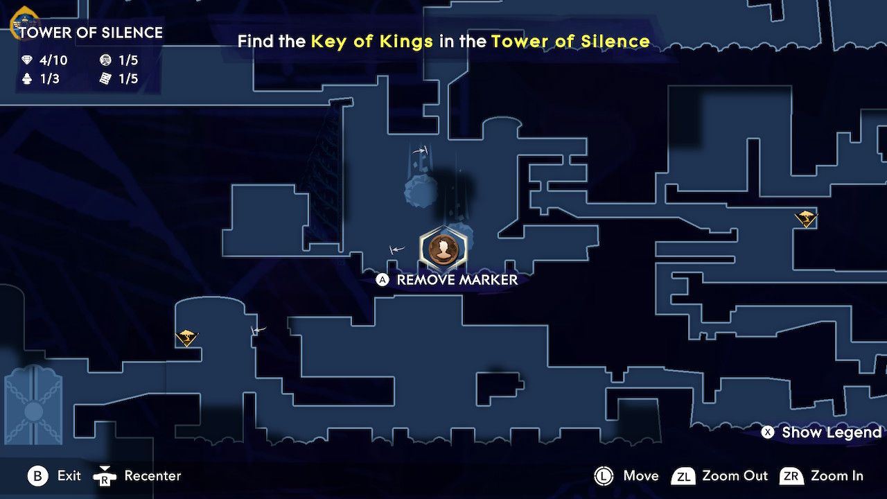 Kartenansicht von Mount Oaf, zentriert auf einem großen Raum im Bereich des Tower of Silence mit einer Personenmarkierung darauf in Prince Of Persia: The Lost Crown.