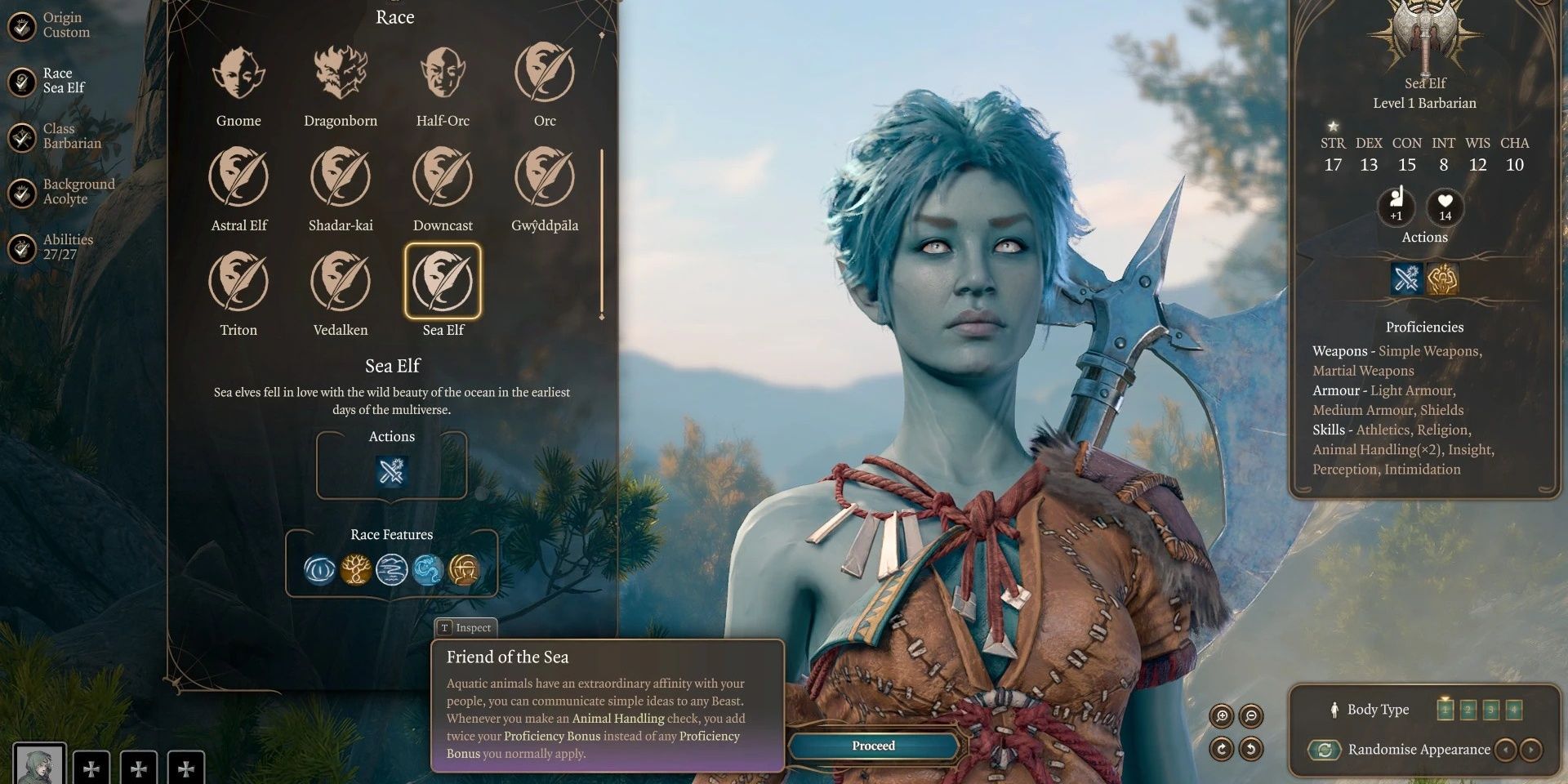 Sea elf in the character creation menu in Baldur's Gate 3