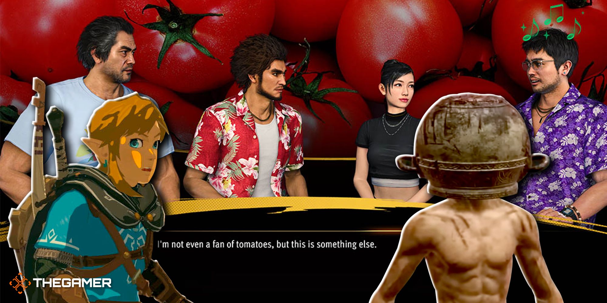 Like a Dragon Infinite Wealth cast discussing their dislike of tomatoes in front of Let Me Solo Her and Link