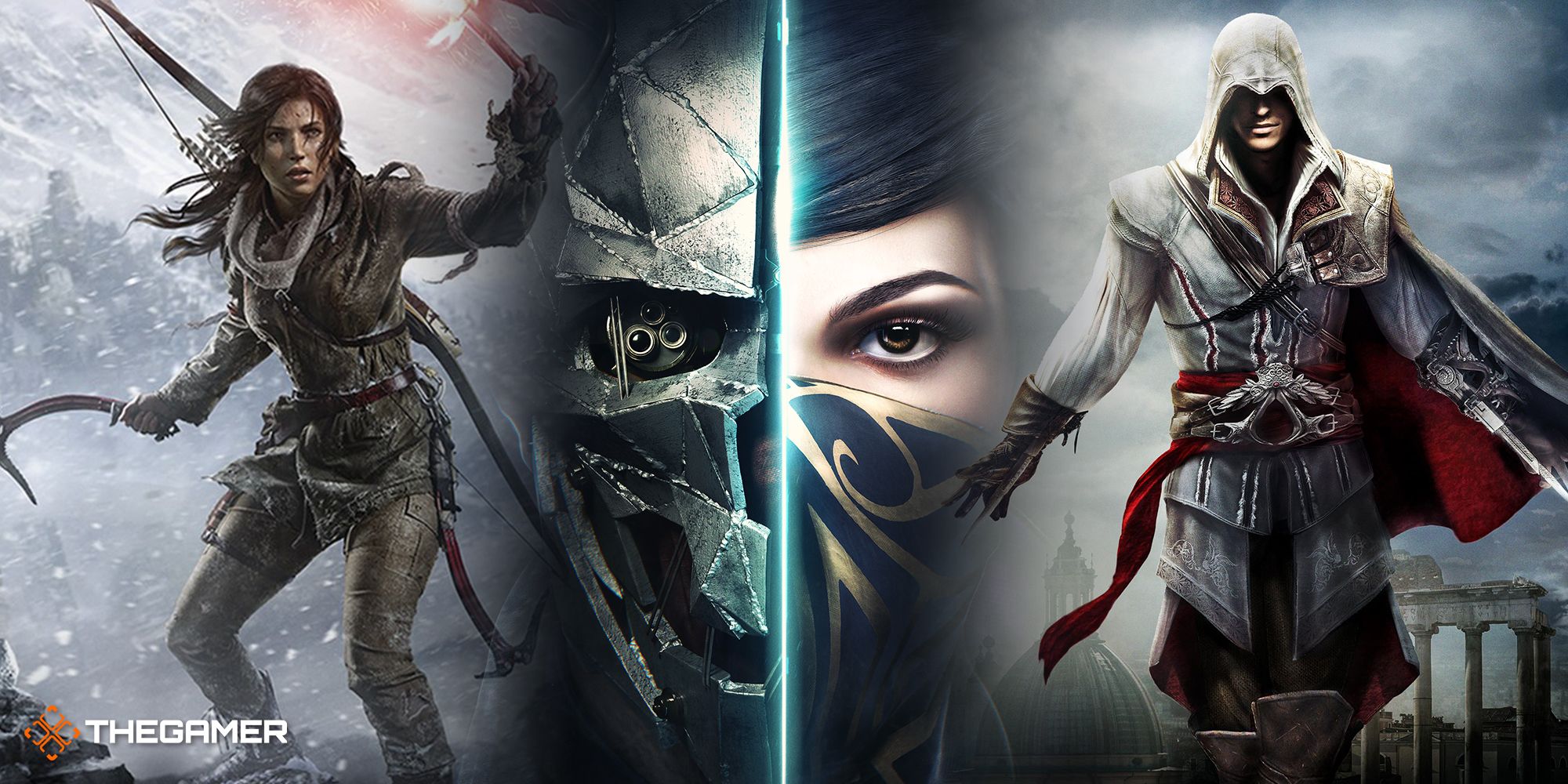 Game art from Assassin's Creed The Ezio Collection, Dishonored 2 and Rise Of The Tomb Raider.