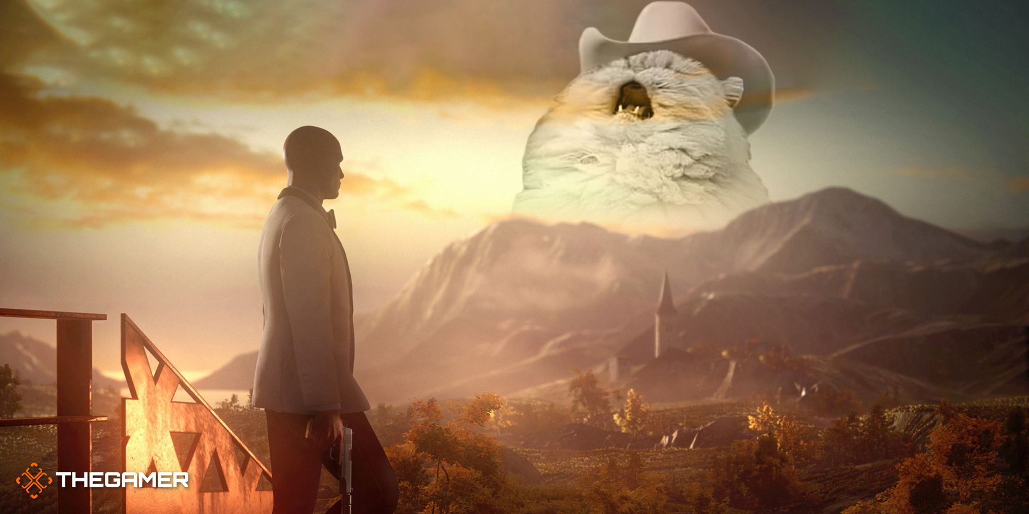 Agent 47 looking over a landscape with gun in hand while a giant cat with a hat screams behind a mountain