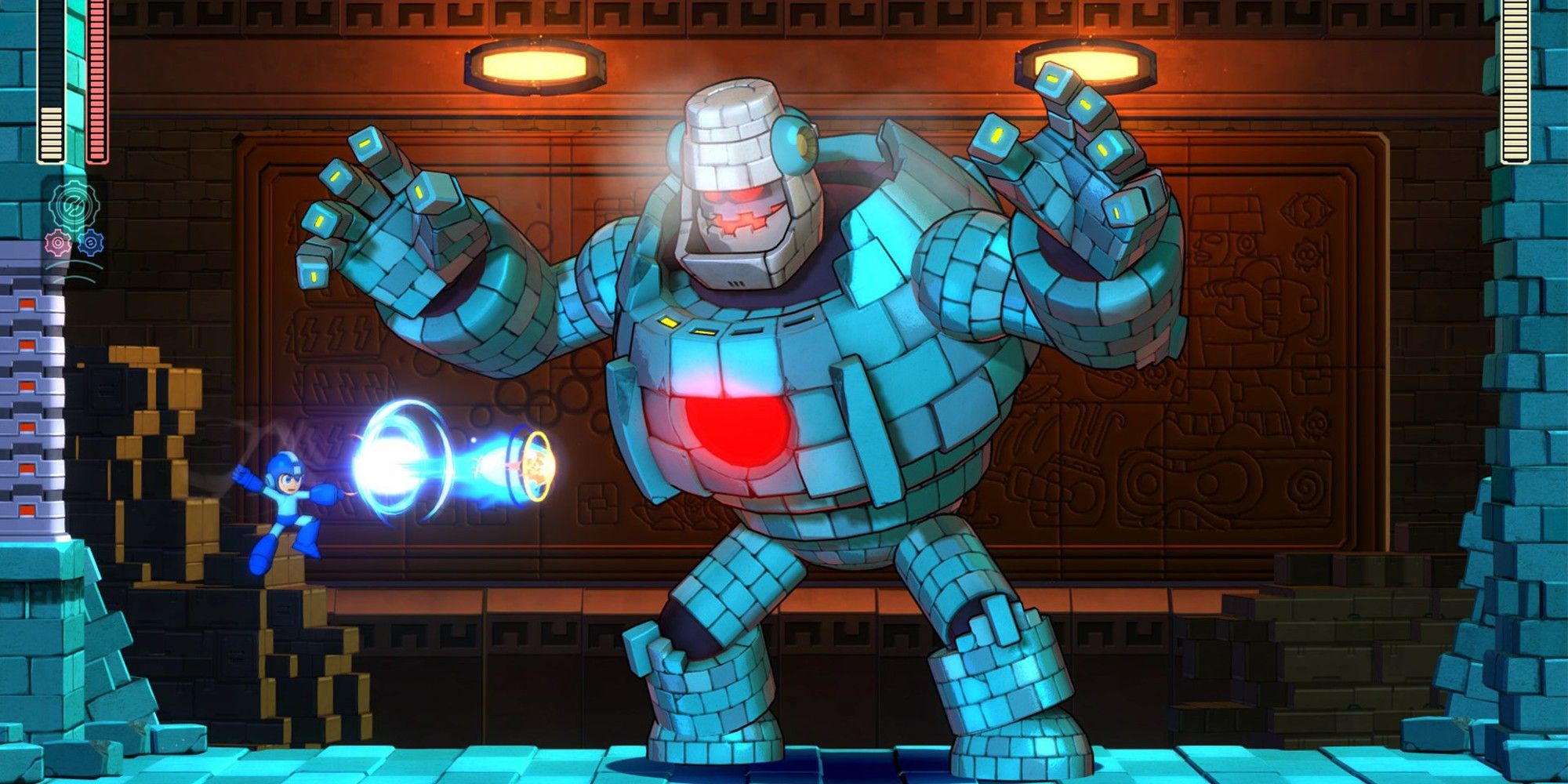 Mega Man schießt auf einen riesigen Steinroboter. 