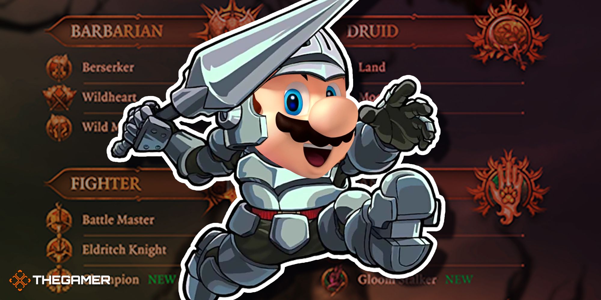Mario als Ritter vor einer Liste der Klassen von Baldur's Gate 3