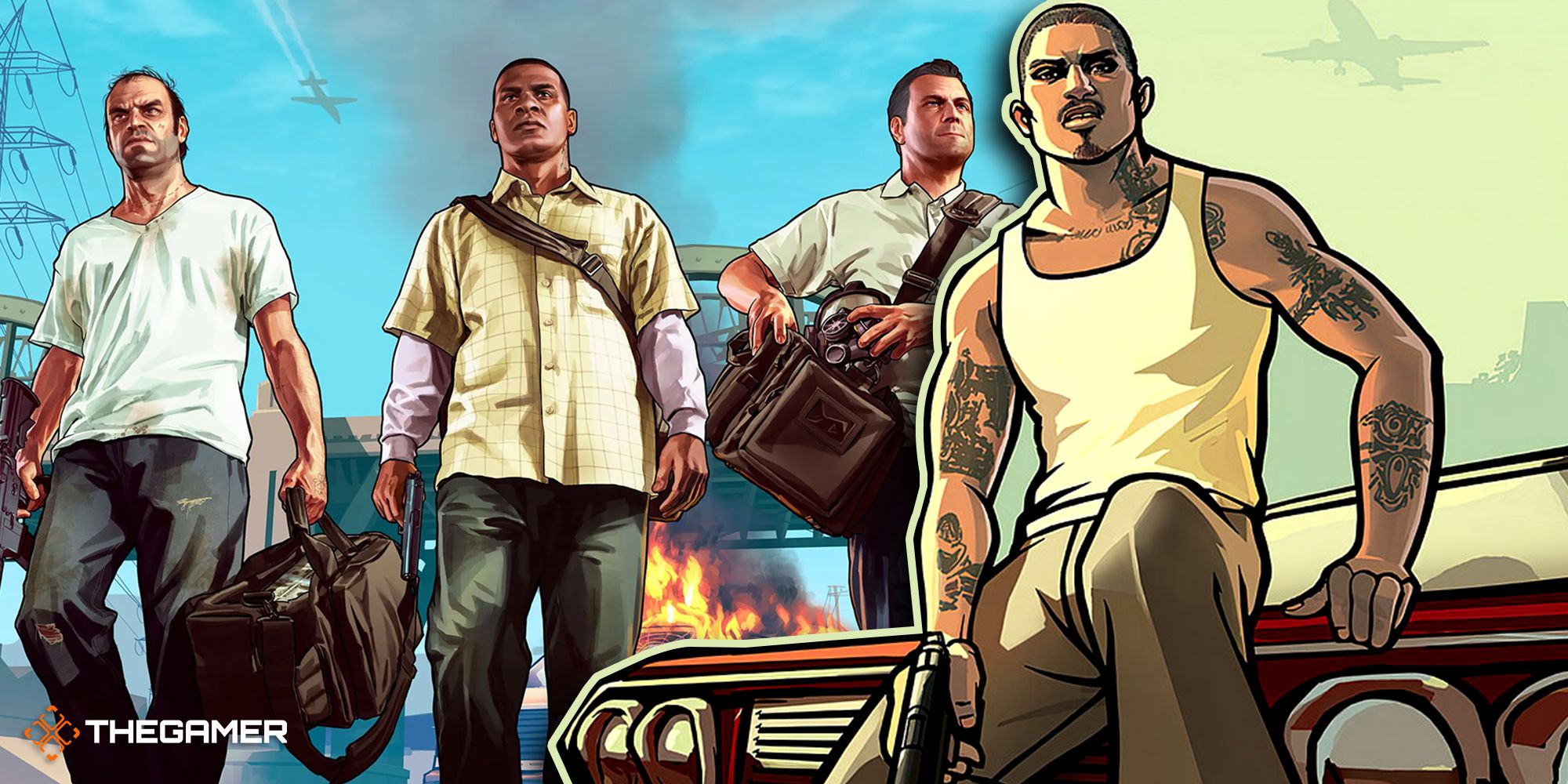 Game art from Grand Theft Auto 5 and San Andreas.