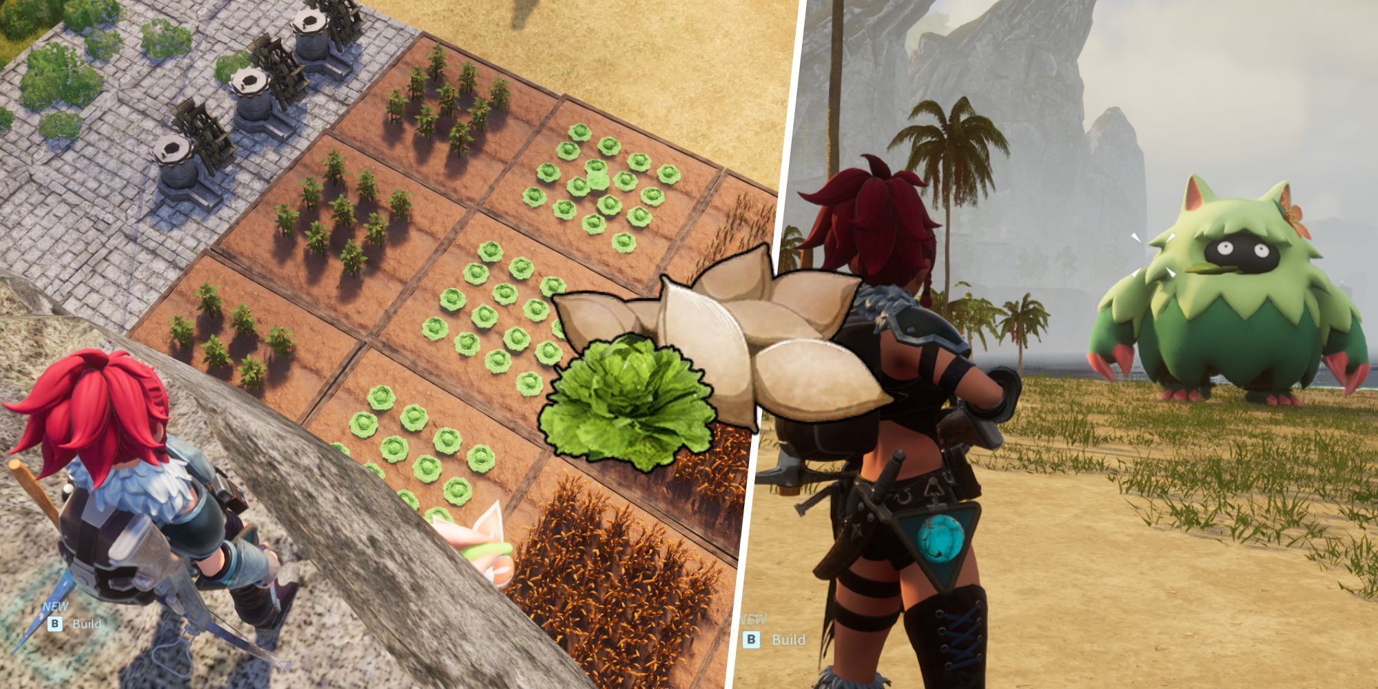 Palworld - Split Image: crop plantations / player encountering a Wumpo Botan