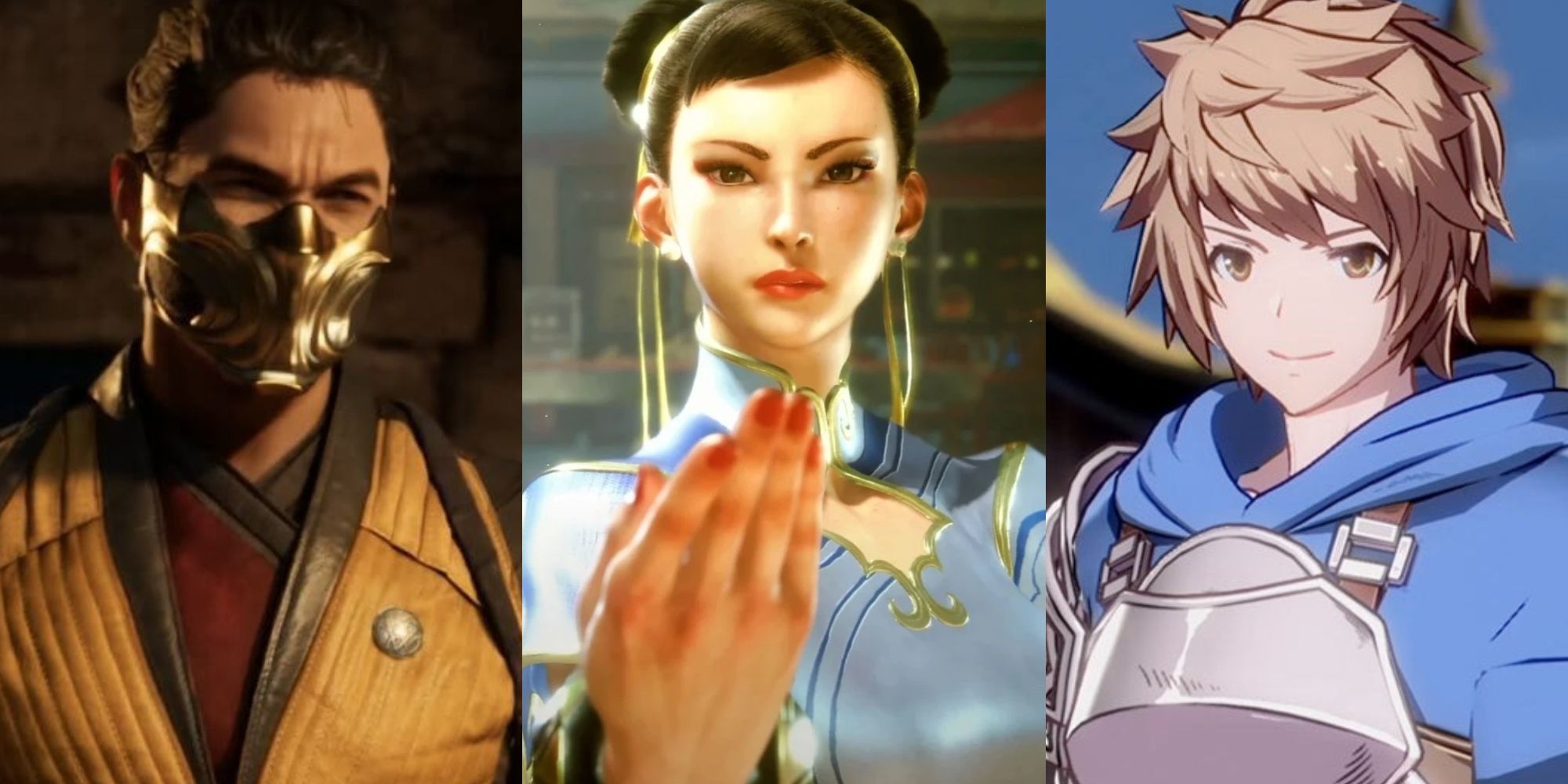 An image showcasing (From Left to Right) Scorpion from Mortal Kombat 1, Chun-Li from Street Fighter 6, and Gran from Granblue Fantasy Versus: Rising