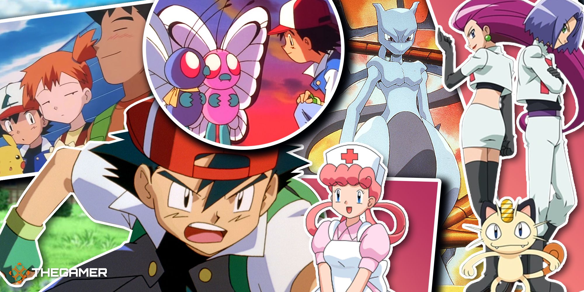 A collage of Misty, Ash, Brock, Butterfree, Nurse Joy, Team Rocket, Meowth, and Mewtwo from the Pokemon Anime and Pokemon: The First Movie.