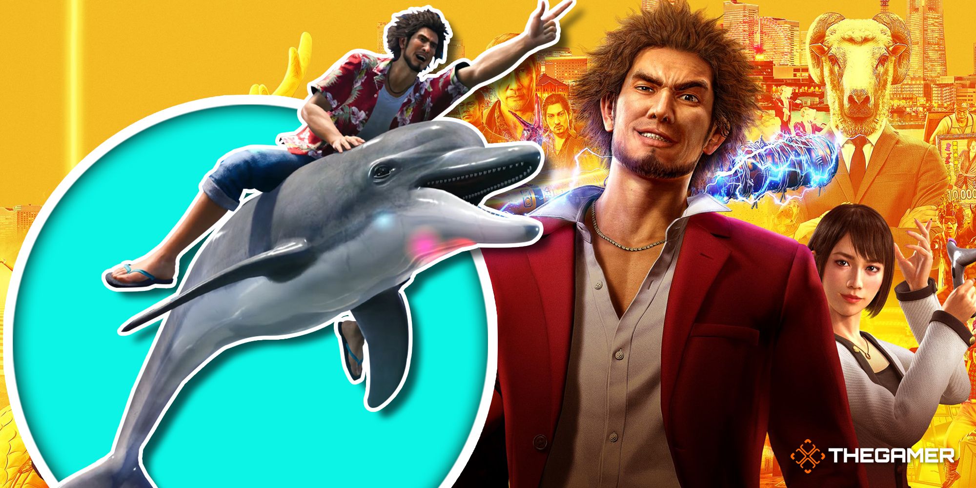 The key art for Yakuza: Like A Dragon in the background with Kasuga riding a dolphin in the left side of the foreground